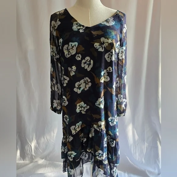 Cabi Pirouette Floral V-Neck Shift Dress Long-Sleeve Ruffle Hem Blue Multi Sz XS - Picture 13 of 14